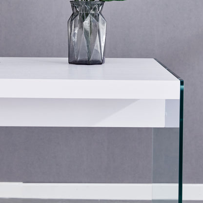 The top of the coffee table is made of MDF and white stickers, and the sides are clear tempered glass. The design is simple and elegant, and the structure is strong.