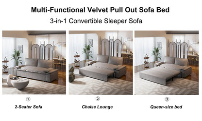 70.1" Queen Pull Out Sofa Bed, 3-in-1 Convertible Sleeper Sofa with 2 Soft Pillows,Multi-Functional Velvet Loveseat Bed,Grey (Old Sku:W1885P143788)