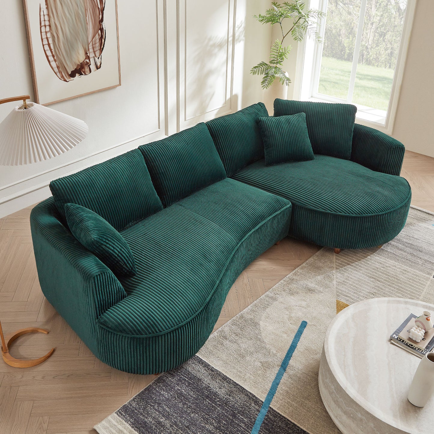 122.04 inch Corduroy Upholstered Sectional Sofa with Right Facing Chaise for Living Room Office Corner Corduroy Modern Sofa GREEN