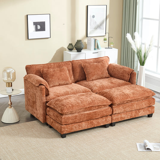 UNITED WE WIN Chenille fabric, solid construction, the overall structure of the sofa is stable, detachable armrests, two foot stools and two-seat sofa with side pockets