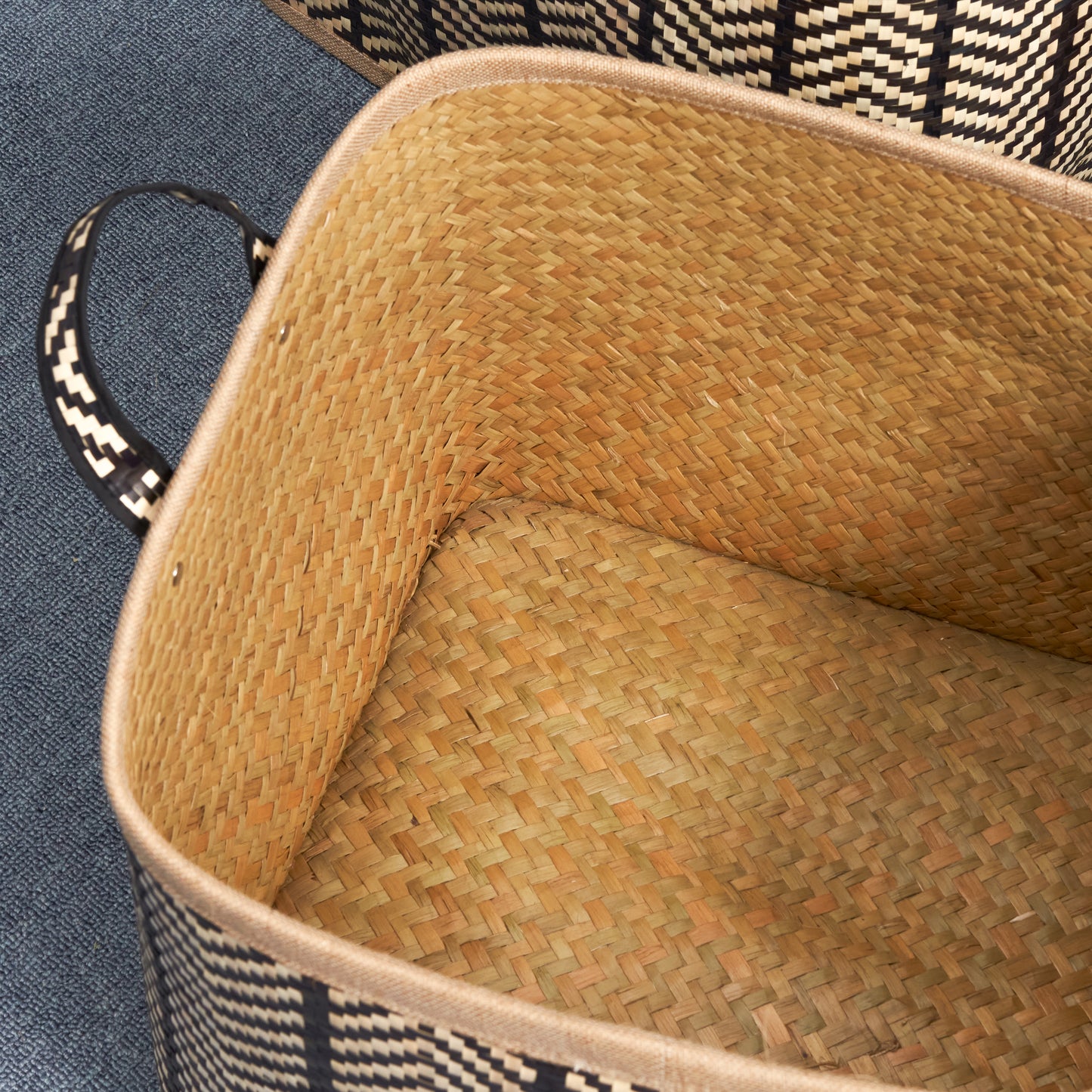 Square Palm Leaf Woven Wicker Storage Basket with Handles Set of 2 - 14" x 14" x 15" and 16" x 16" x 17" - Black and Brown - For Clothes, Books Storage, Picnic and Home Decoration