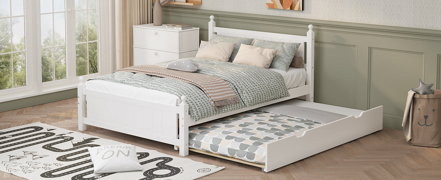 Full Size Solid Wood Platform Bed Frame with trundle for Limited Kids, Teens, Adults, No Need Box Spring, White