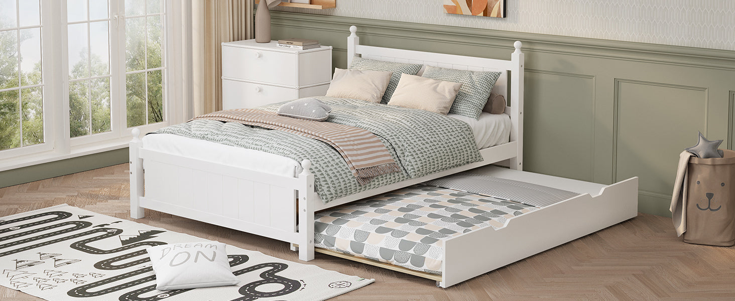 Full Size Solid Wood Platform Bed Frame with trundle for Limited Kids, Teens, Adults, No Need Box Spring, White