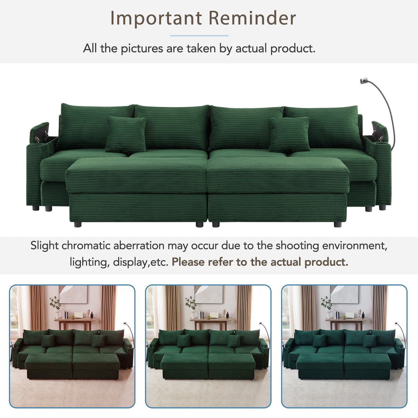 123.2" Modern Style 4-seater Sofa Sectional Sofa Couch with Storage Space, Two Movable Ottomans, Two USB Ports, Two Cup Holders, A Phone Holder for Living Room, Green