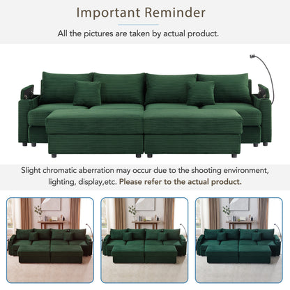 123.2" Modern Style 4-seater Sofa Sectional Sofa Couch with Storage Space, Two Movable Ottomans, Two USB Ports, Two Cup Holders, A Phone Holder for Living Room, Green