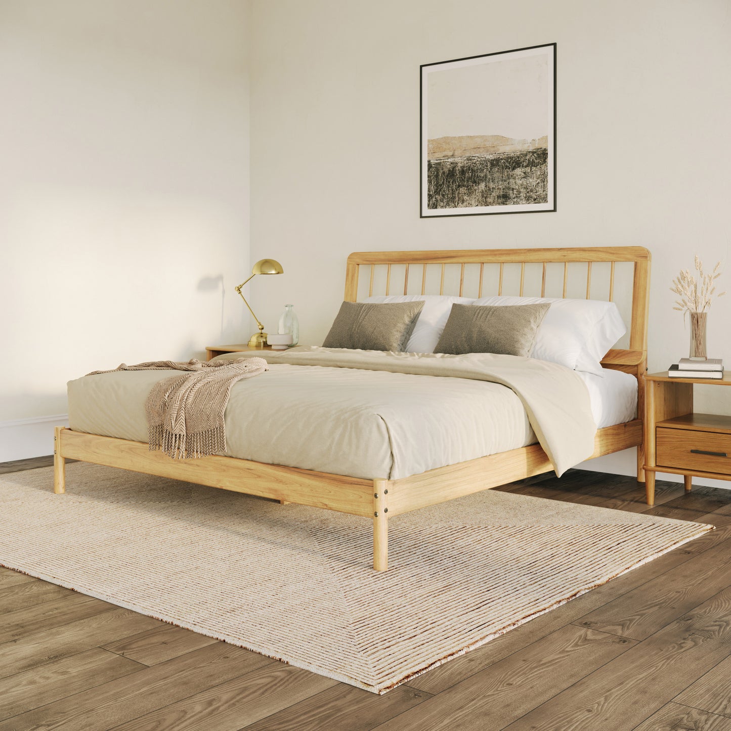 Mid-Century Modern Solid Wood King Spindle Bed – Natural Pine