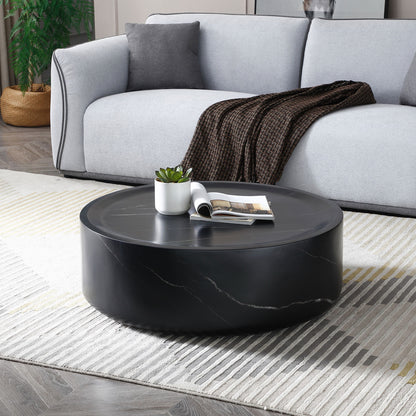 39.37'' Black Marble Round Coffee Table Sturdy Fiberglass table for Living Room ,No Need Assembly.