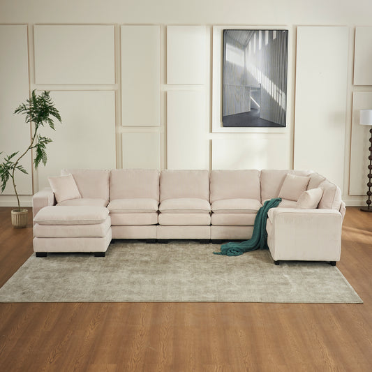 Modern U Shaped 6-seat Sectional Sofa Couch with one Ottoman and three toss pillows ,Modular Sofa for Living Room,Corduroy sofa