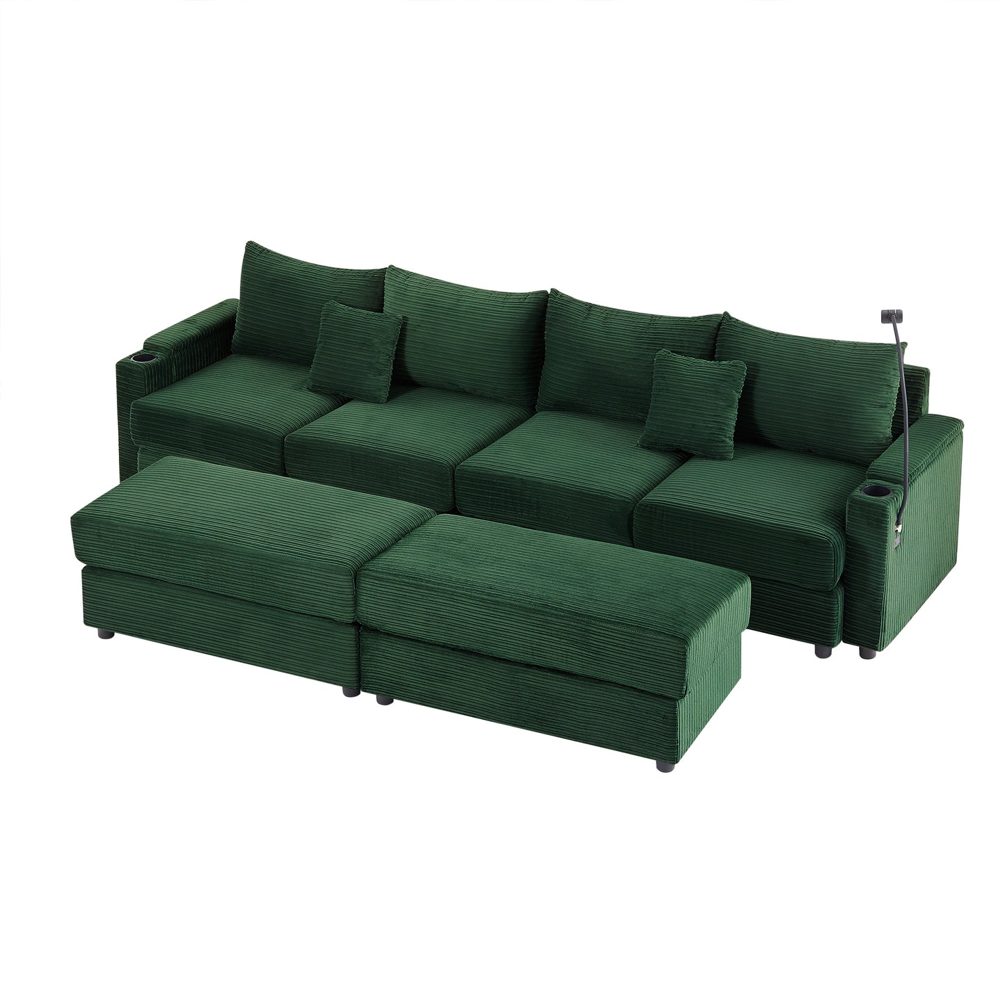 123.2" Modern Style 4-seater Sofa Sectional Sofa Couch with Storage Space, Two Movable Ottomans, Two USB Ports, Two Cup Holders, A Phone Holder for Living Room, Green