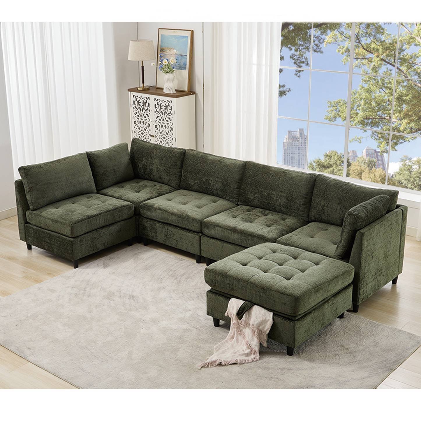 [NEW ARRIVED] [VIDEO PROVIDED]   Modular Sectional Couch with Storage Ottoman, U Shaped Sofa, Storage Ottoman,Minimalist ,Convertible Modular Sofa,Chenille ,Upholstered,6 Seat,Living Room,   Green