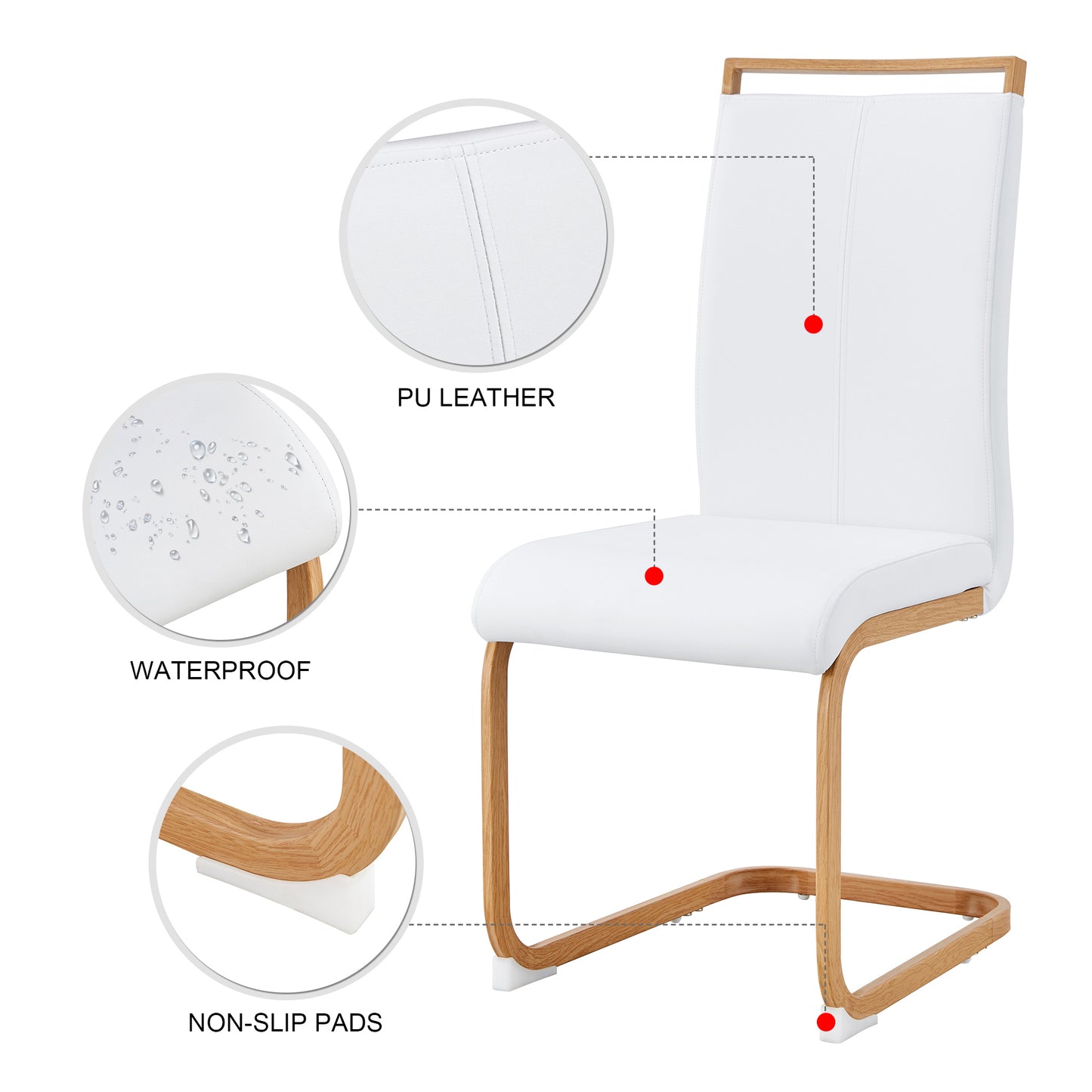 Table and chair set. 1 table and 4 white chairs. Glass dining table with 0.31 "tempered glass tabletop and metal legs. PU leather high back upholstered chair with wood color C-tube metal leg.1123 1162