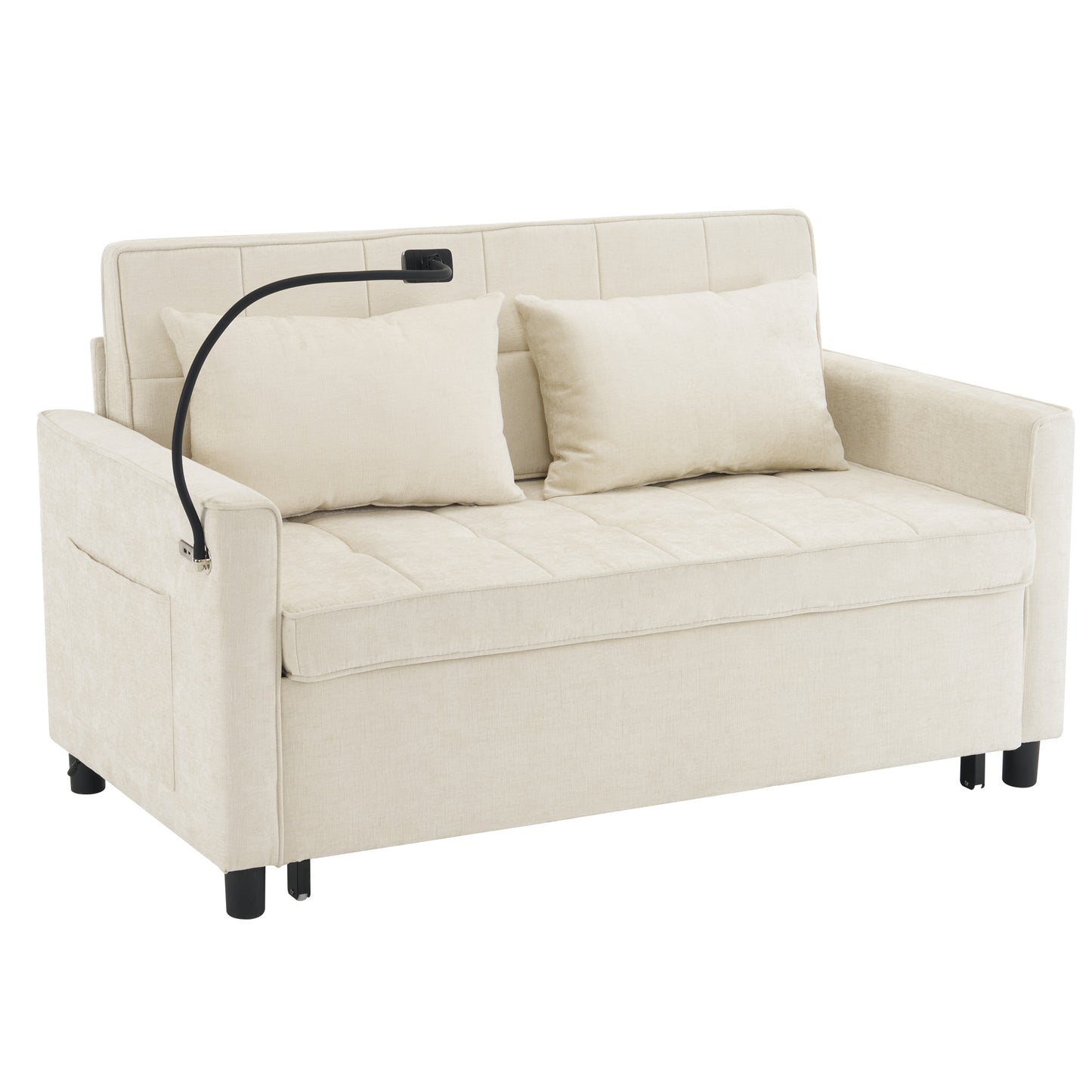 56.9" Loveseat Sofa Pull-out Sofa Bed Sleeper Sofa with a Reversible Backrest Cushion, Side Pockets, Two USB Ports and a Phone Holder for Living Room, Beige