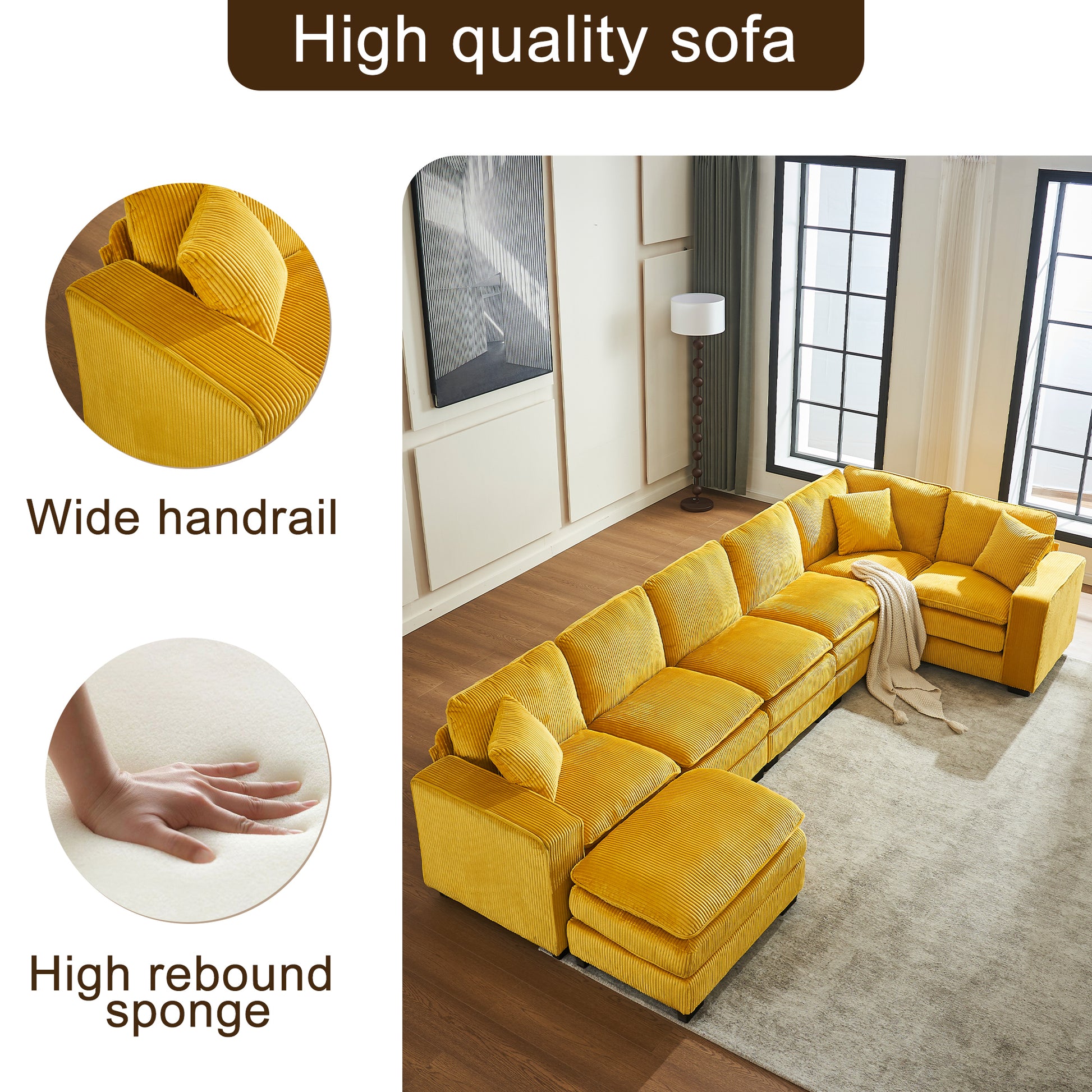 Modern U Shaped 6-seat Sectional Sofa Couch with one Ottoman and three toss pillows ,Modular Sofa for Living Room,Corduroy sofa