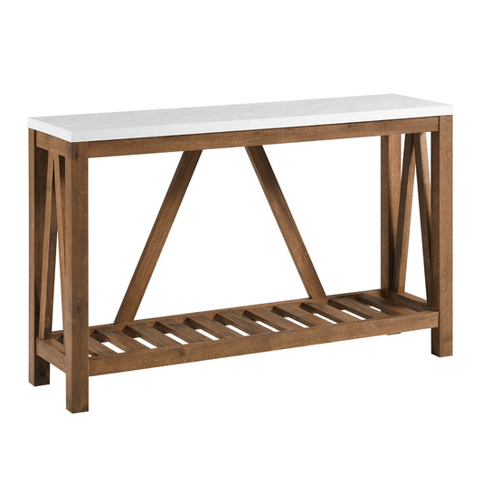 Farmhouse A-Frame Faux Marble Entry Table with Lower Shelf - Faux White Marble/Walnut