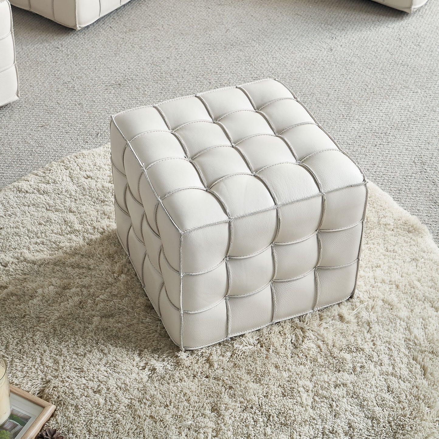 17.32''W Genuine Leather Tufted Ottoman,Footstool for Living Room & Bedroom,Beige Color