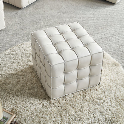 17.32''W Genuine Leather Tufted Ottoman,Footstool for Living Room & Bedroom,Beige Color