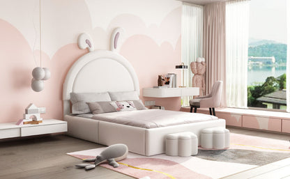 Full size Upholstered Rabbit-Shape Bed with 2 Storage Stools, Velvet Platform Bed with Cartoon Ears Shaped Headboard, White