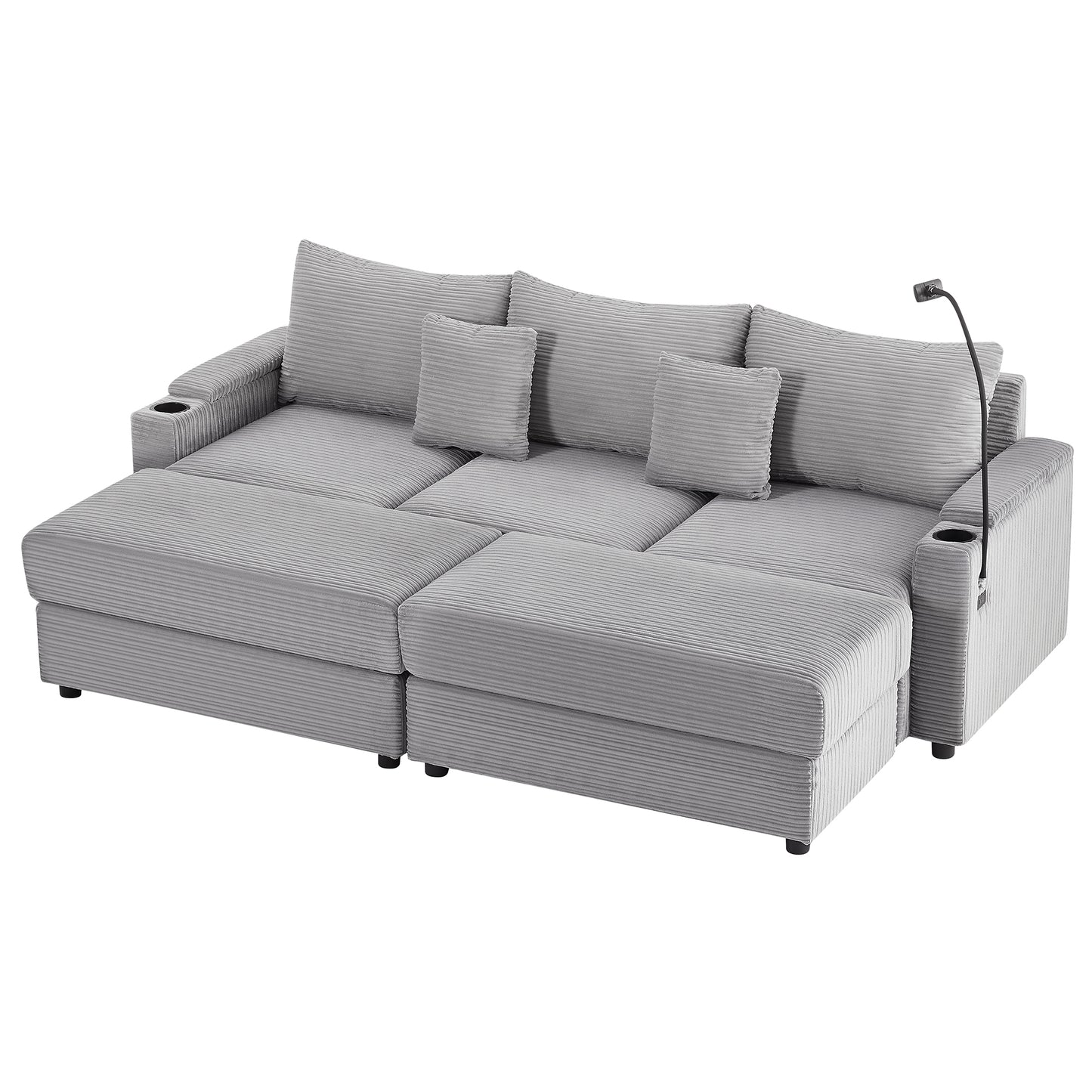 95.3" Modern Style 3-Seater Sofa Sectional Sofa Couch with Storage Space, Two Movable Ottomans, Two USB Ports, Two Cup Holders, A Phone Holder for Living Room, Grey