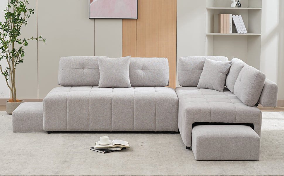 91.73" L-shaped Sofa Sectional Sofa Couch with 2 Stools and 2 Lumbar Pillows for Living Room, Light Grey