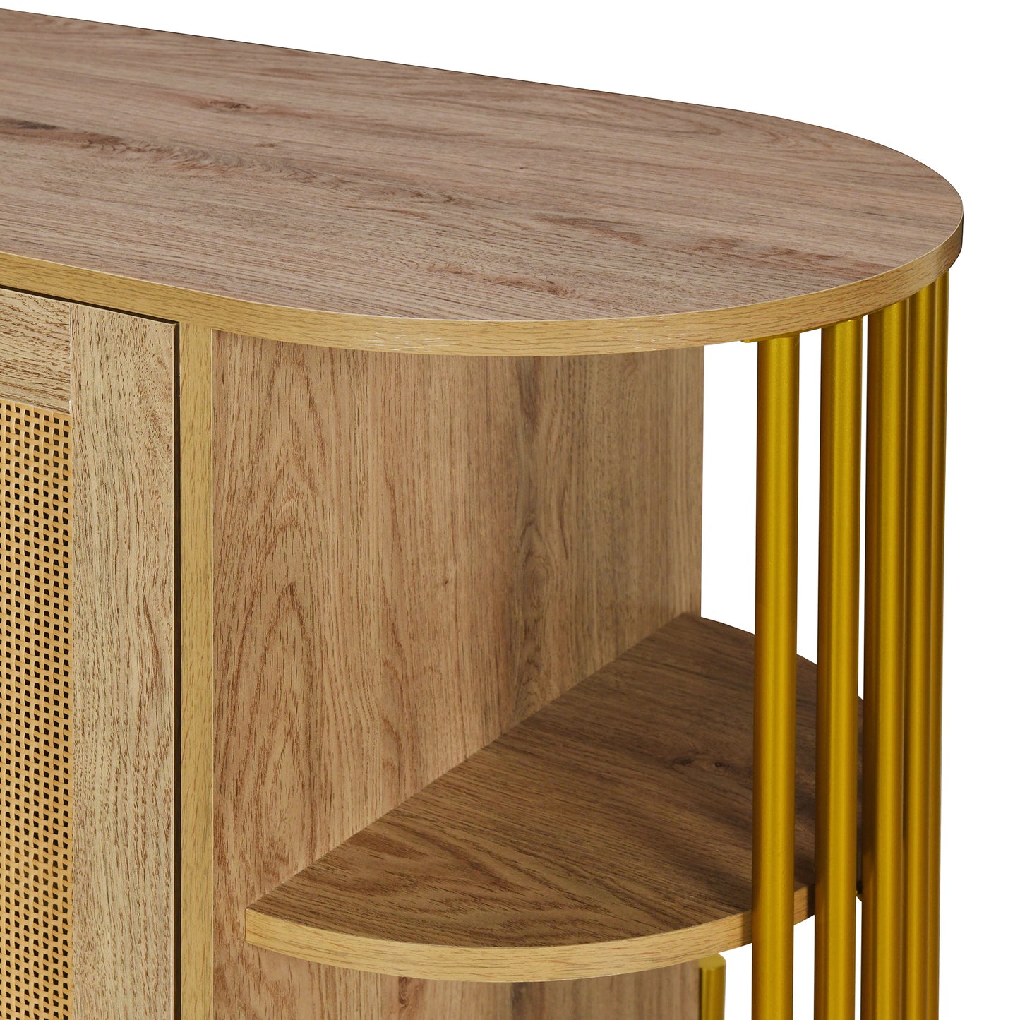 TREXM 2-Door Elegant Curved Dining Cabinet with Gold Trim and Woven Rattan Doors for Dining Room (Natural)