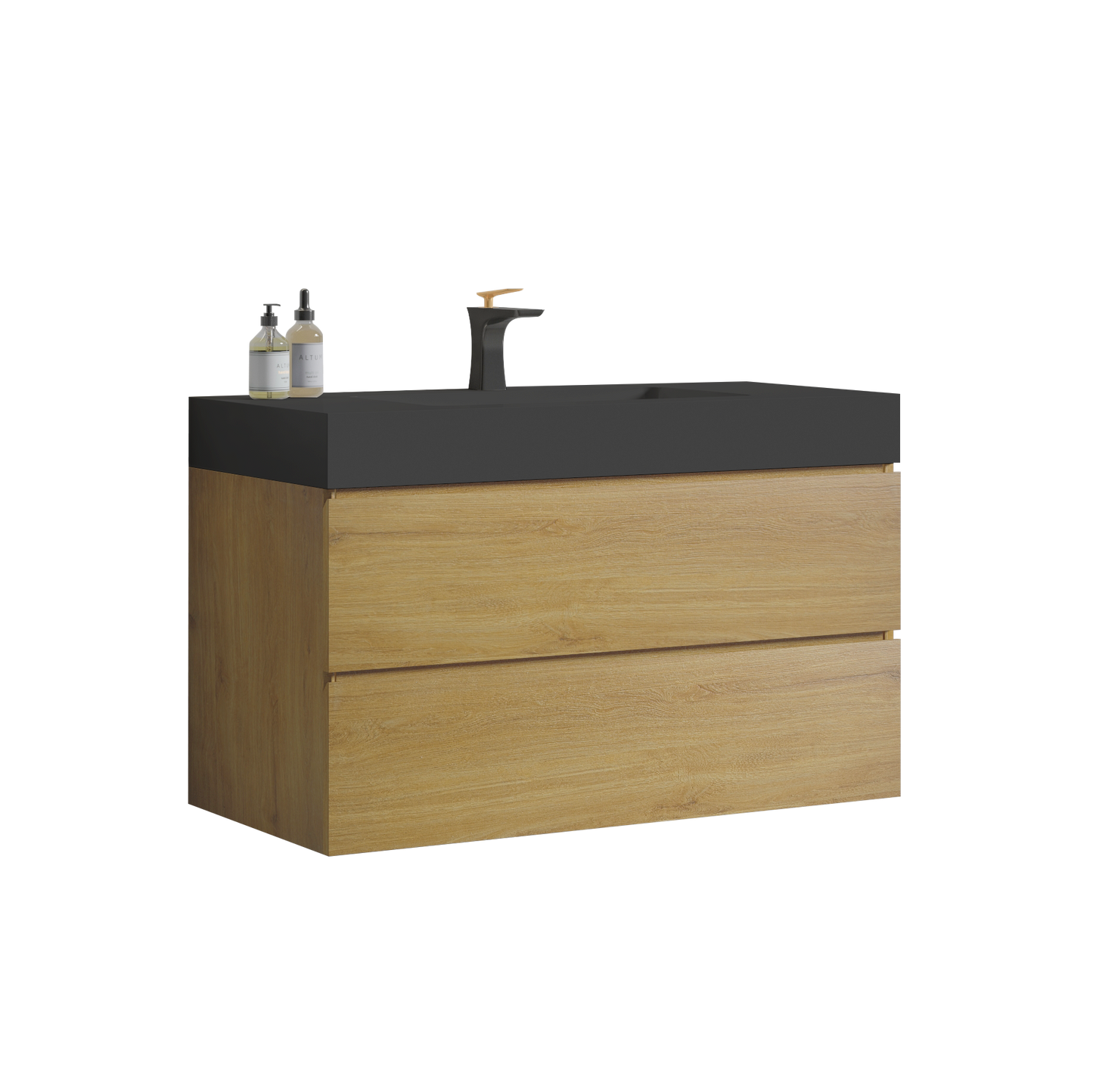 U092-Alice36W-106 Alice 36" Natural oak Bathroom Vanity with Sink, Large Storage Wall Mounted Floating Bathroom Vanity for Modern Bathroom, One-Piece Black Sink Basin without Drain and Faucet