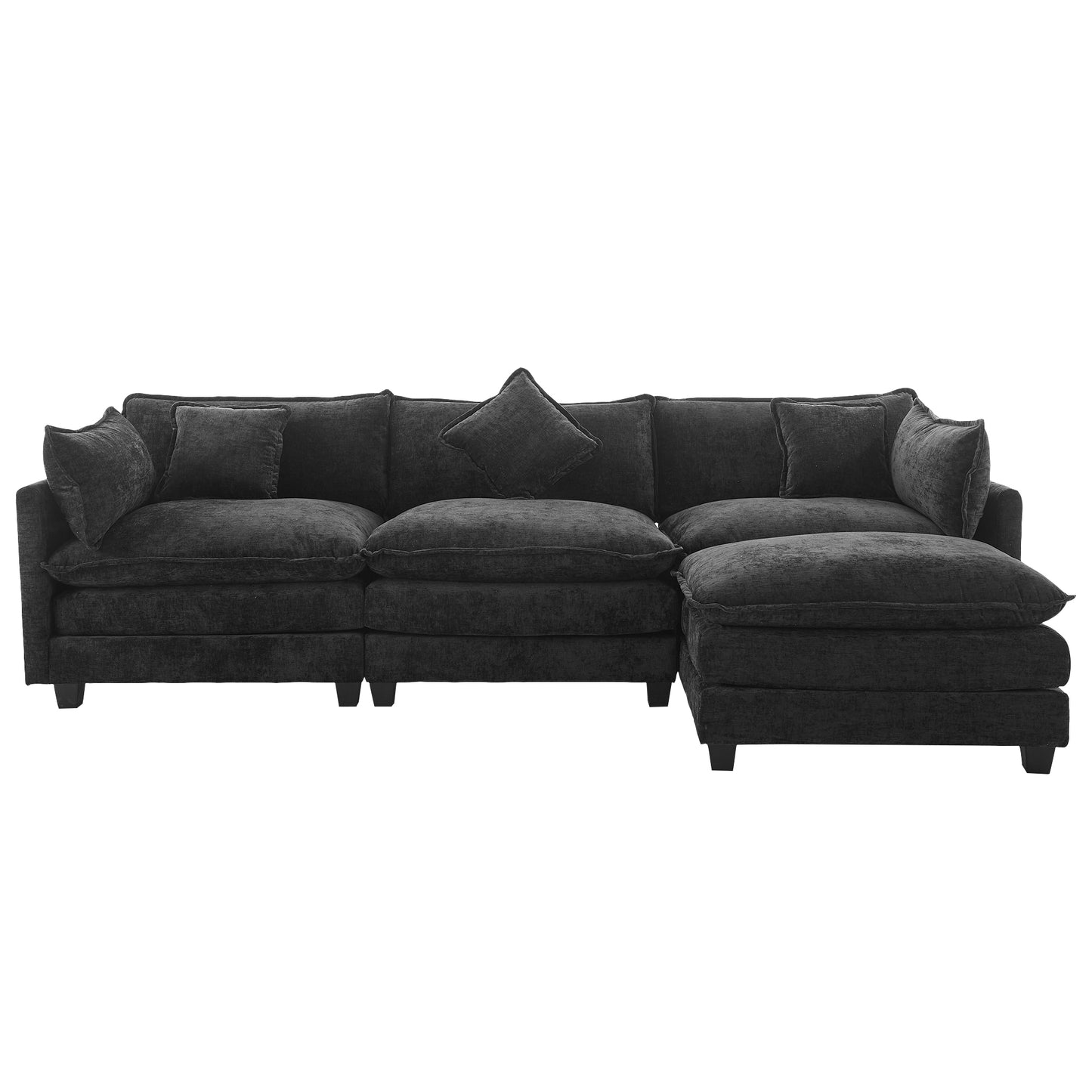 112.2" L-Shape Chenille Upholstered Sofa for Living Room Modern Luxury Sofa Couch with Ottoman and 5 Pillows for Living Room (SG001160AA), Black