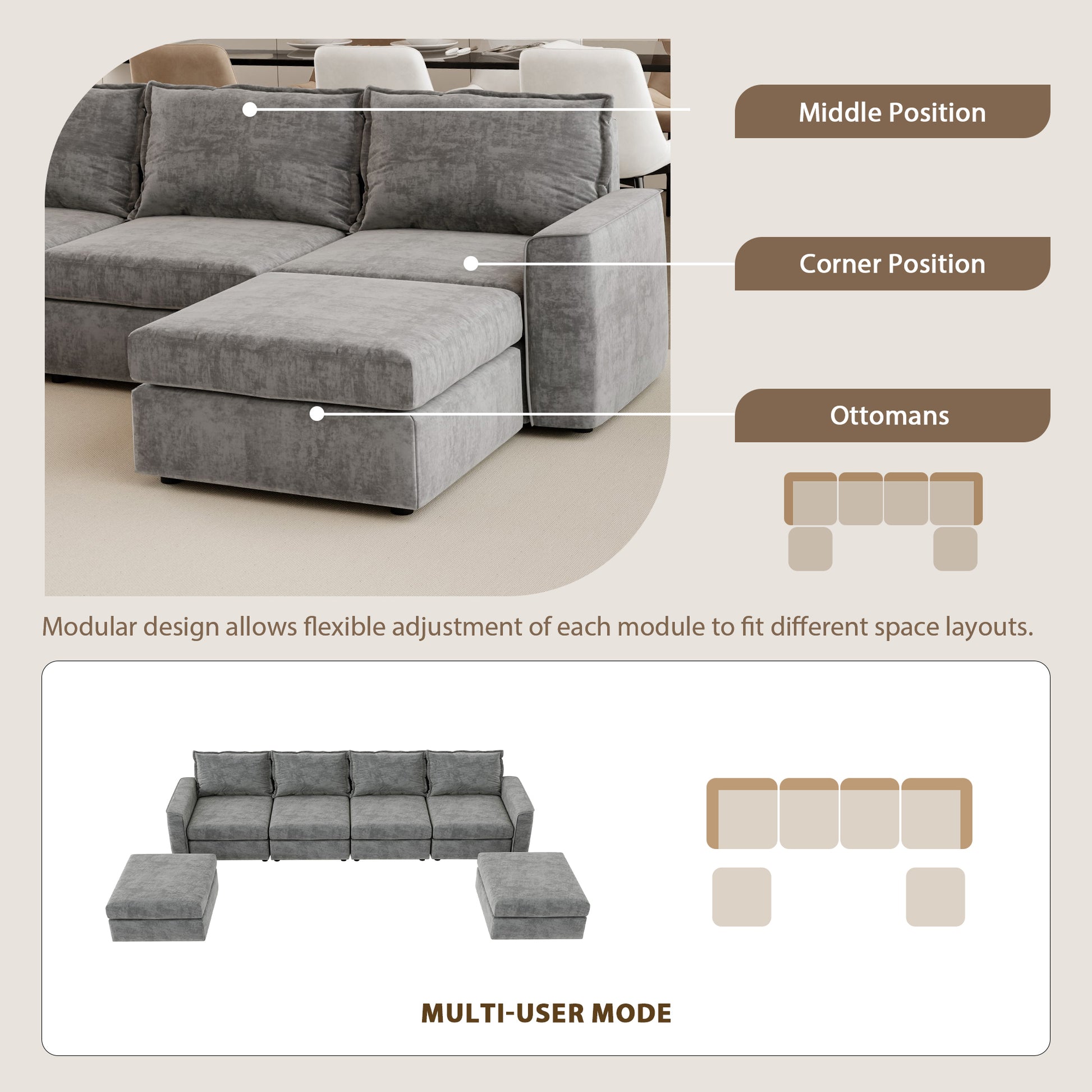 [VIDEO provided][New]115*58" Chenille Modular Sectional Sofa,U Shaped Reversible Couch,Free Combination,6 Seat Sleeper Sofa Bed with Ottoman,Convertible Oversized Indoor Furniture for Living Room,Gray