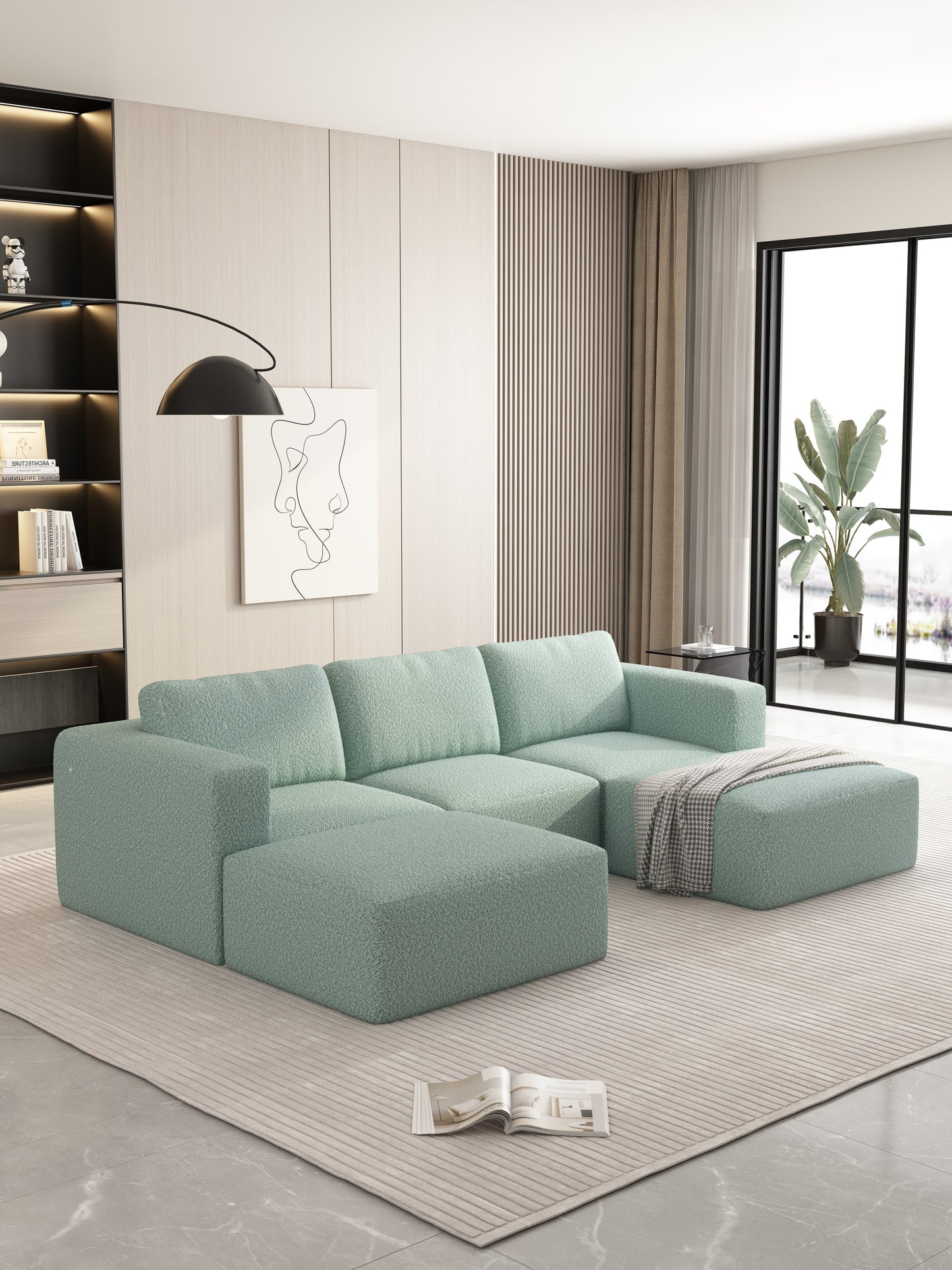 104.32*66.92 Modular Sectional Sofa Sleeper Couch, Sectional Sofa with Chaise and Ottoman, Convertible U Shaped Modular Sofa Set. Compressed spon, Light Green (Combo A+2B+2D)