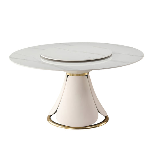 59.05"Modern Sintered stone dining table with 31.5" round turntable for 8 person with wood and metal exquisite pedestal