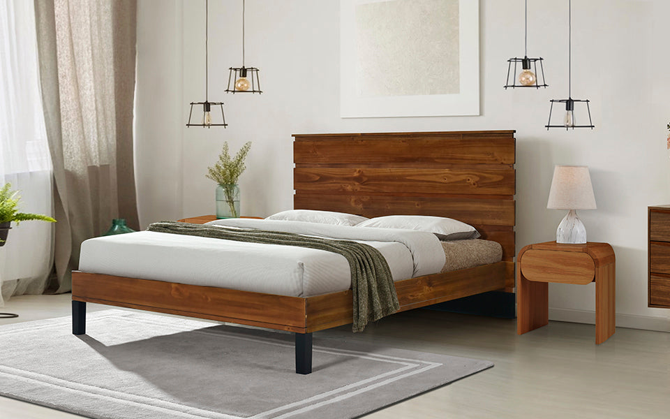 Mid-Century Modern Solid Wood Bed Frame Queen Size Platform Bed with Six-Piece Headboard Design, No Box Spring Needed, Brown