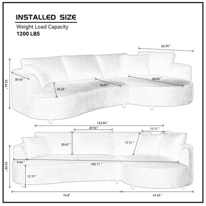 122.04 inch Corduroy Upholstered Sectional Sofa with Right Facing Chaise for Living Room Office Corner White Corduroy Modern Sofa