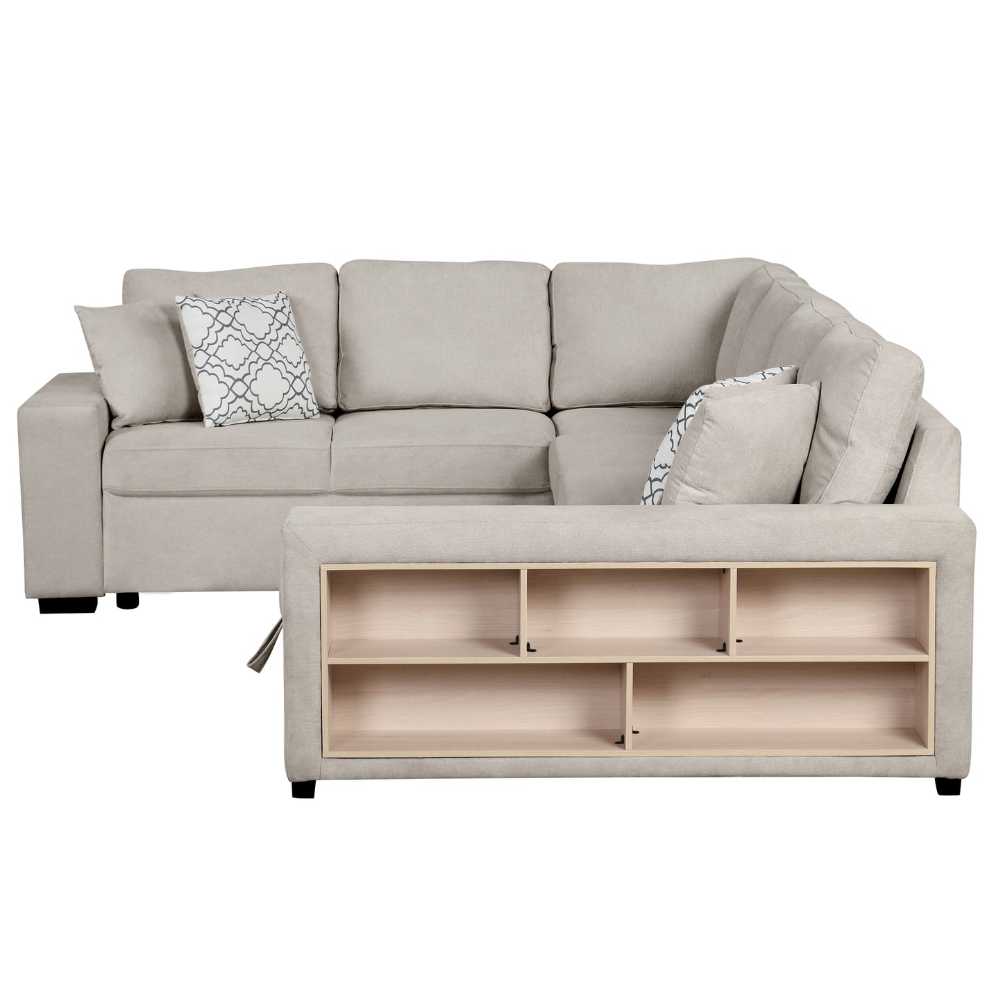 109" U-shaped Sectional Sofa Pull-out Sofa Bed with Two USB Ports, a Storage Chaise Lounge and Four Back Pillows for Living Room, Beige