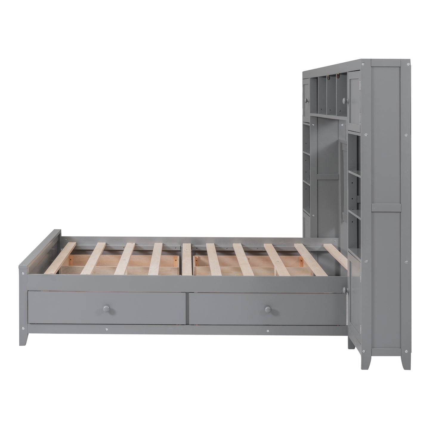 Full Size Wooden Bed With All-in-One Cabinet and Shelf, Gray