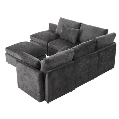 85.4" Sectional Sofa Modular Sofa U-shaped Sofa Couch Sofa Bed L-shaped Sofa with a Movable Ottoman and Two USB Ports for Living Room, Black