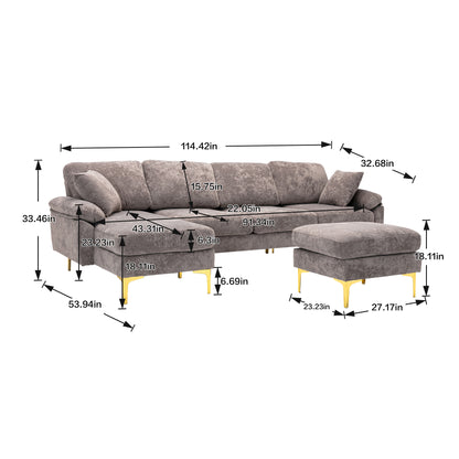 COOLMORE U-shape sectional sofa  with Ottoman , Reversible Sofa Couch for Living Room,Spacious Furniture,Durable Couch Removable and machine washable cover (Grey Velvet)