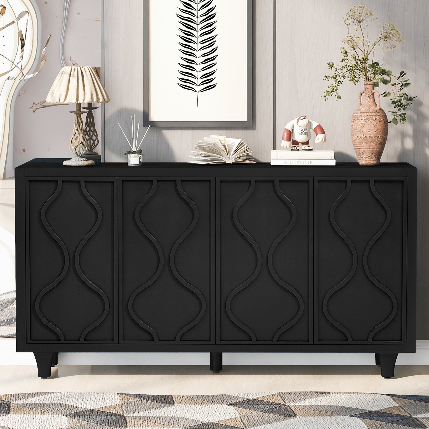 U_STYLE Stylish Storage Cabinet Sideboard Wooden Cabinet with Embossed Curved Doors,Suitable for Living Rooms, Entrance and Study Rooms