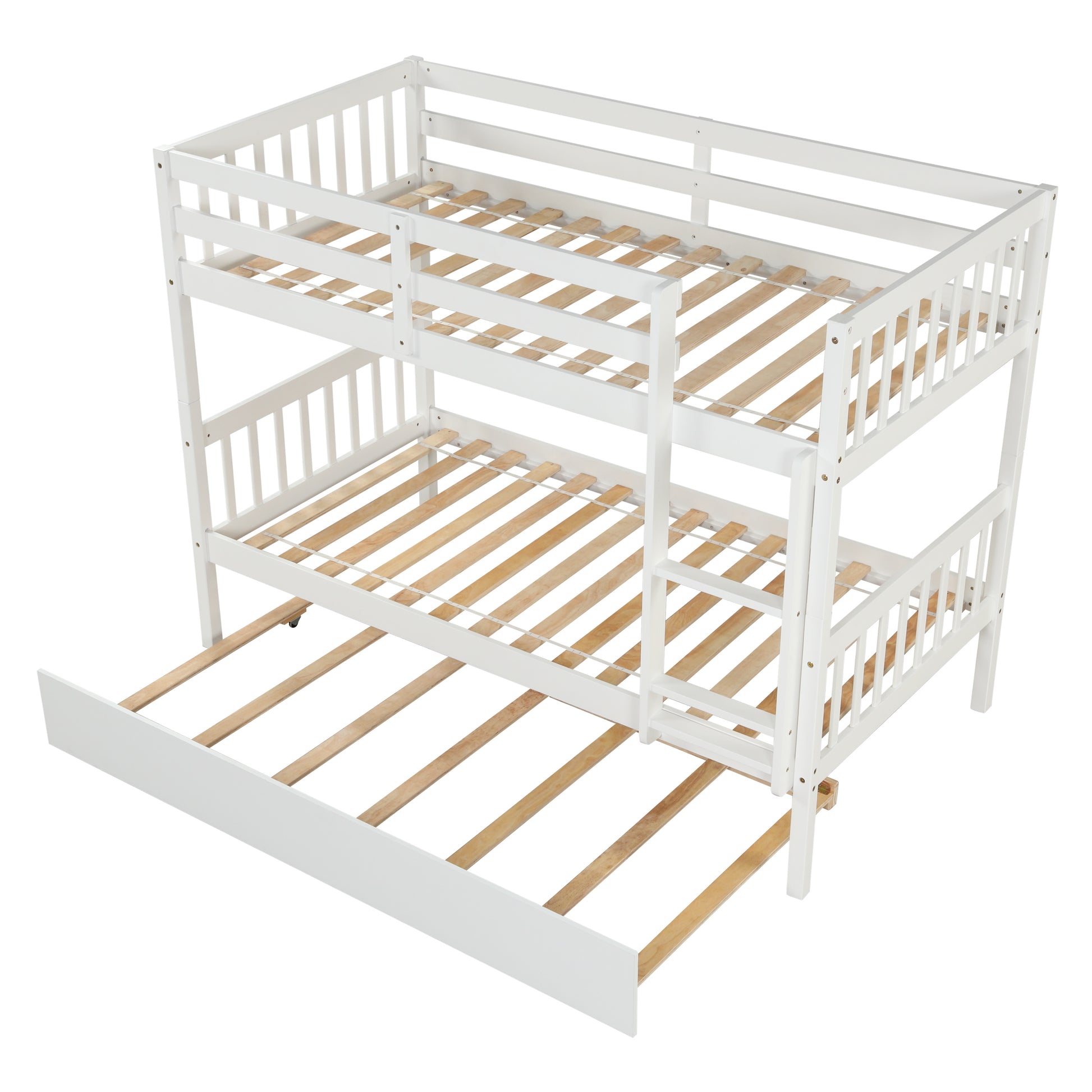 Twin Over Twin Bunk Beds with Trundle, Solid Wood Trundle Bed Frame with Safety Rail and Ladder, Kids/Teens Bedroom, Guest Room Furniture, Can Be converted into 2 Beds, White (Old Sku:W504S00028)