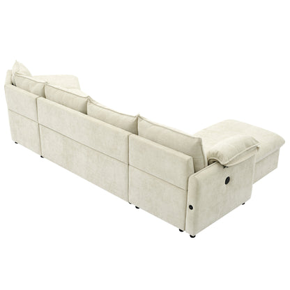 146.9" L-shaped Sofa Sectional Sofa Couch Pull-out Sofa Bed with a Movable Storage Ottoman, a Storage Chaise Lounge and Two USB Ports for Living Room, Beige