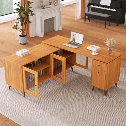 66.5" Modern L-shaped Executive Desk with delicate tempered glass Cabinet Storage,Large Office Desk with Drawers,Business Furniture Desk Workstation for Home Office,Teak - Groovy Boardz