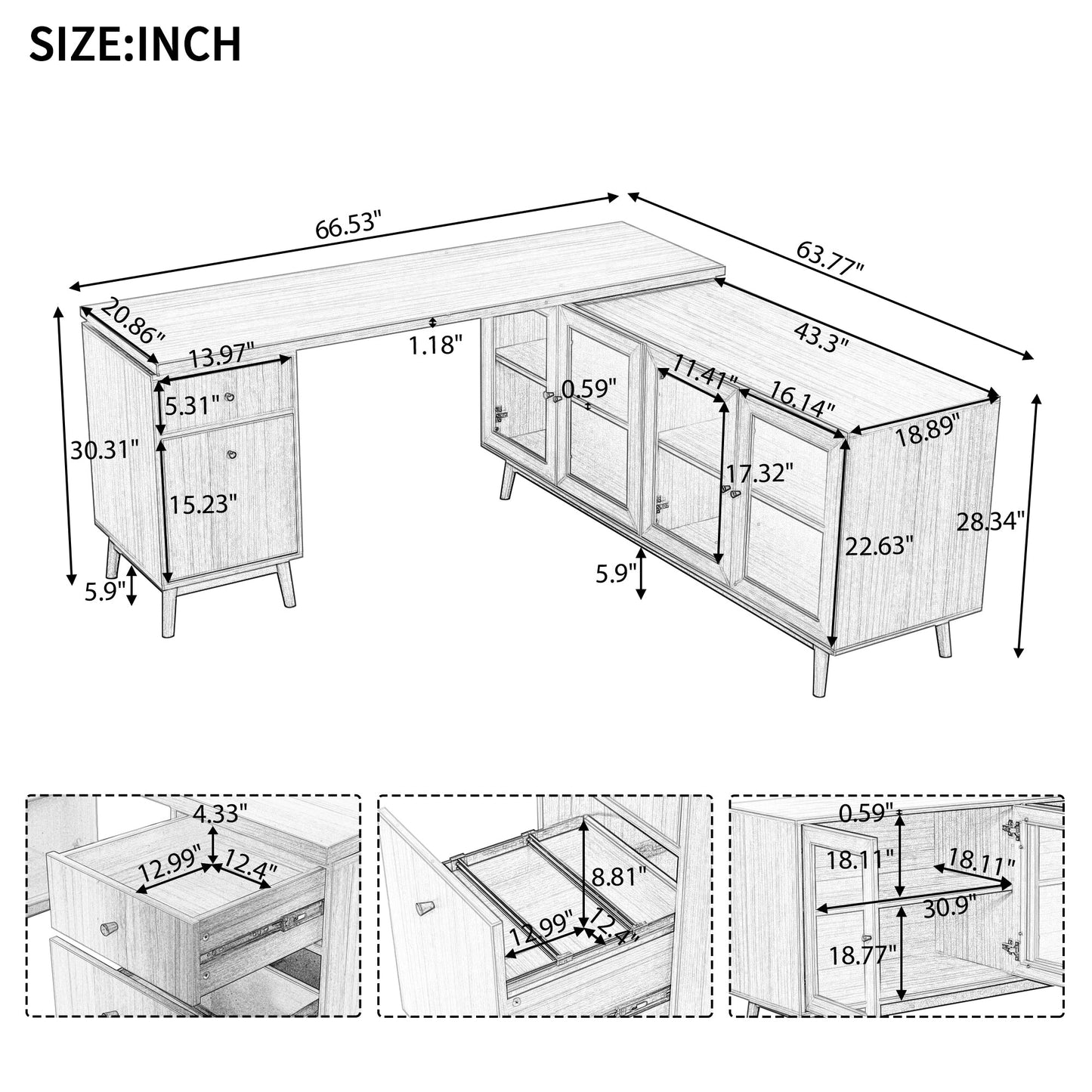 66.5" Modern L-shaped Executive Desk with delicate tempered glass Cabinet Storage,Large Office Desk with Drawers,Business Furniture Desk Workstation for Home Office,Teak - Groovy Boardz