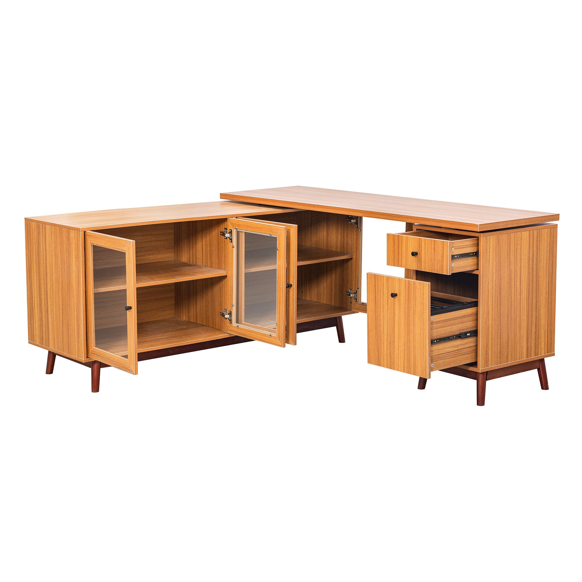 66.5" Modern L-shaped Executive Desk with delicate tempered glass Cabinet Storage,Large Office Desk with Drawers,Business Furniture Desk Workstation for Home Office,Teak - Groovy Boardz