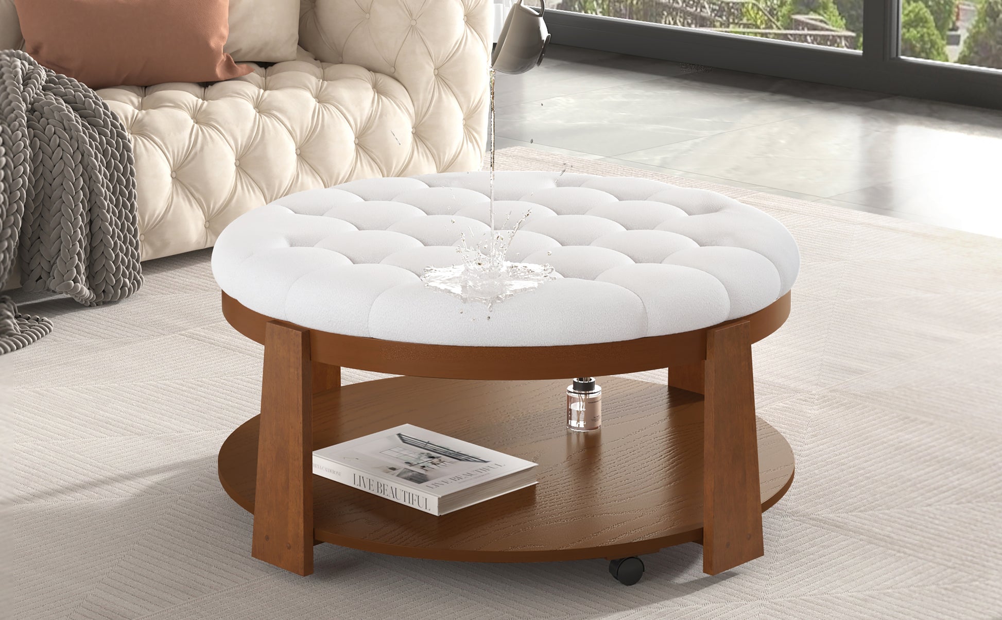 Modern Large Round Ottoman Coffee Table 2-Tier Oversized Button Tufted Ottoman with Wood Shelf Storage Upholstered Coffee Table for Living Room Footrest Ottoman with wheel, waterproof Linen