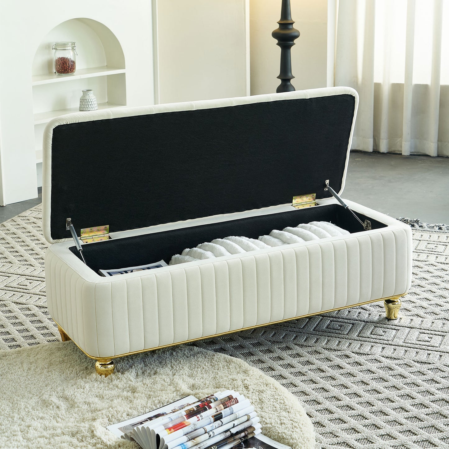 47.24''W Storage Ottoman,Upholstered Velvet Fabric Storage Ottoman with Safety Hinge, gold decoration strip and gold embroidery Footstool, Ottoman Bench for Living Room & Bedroom,Beige Color