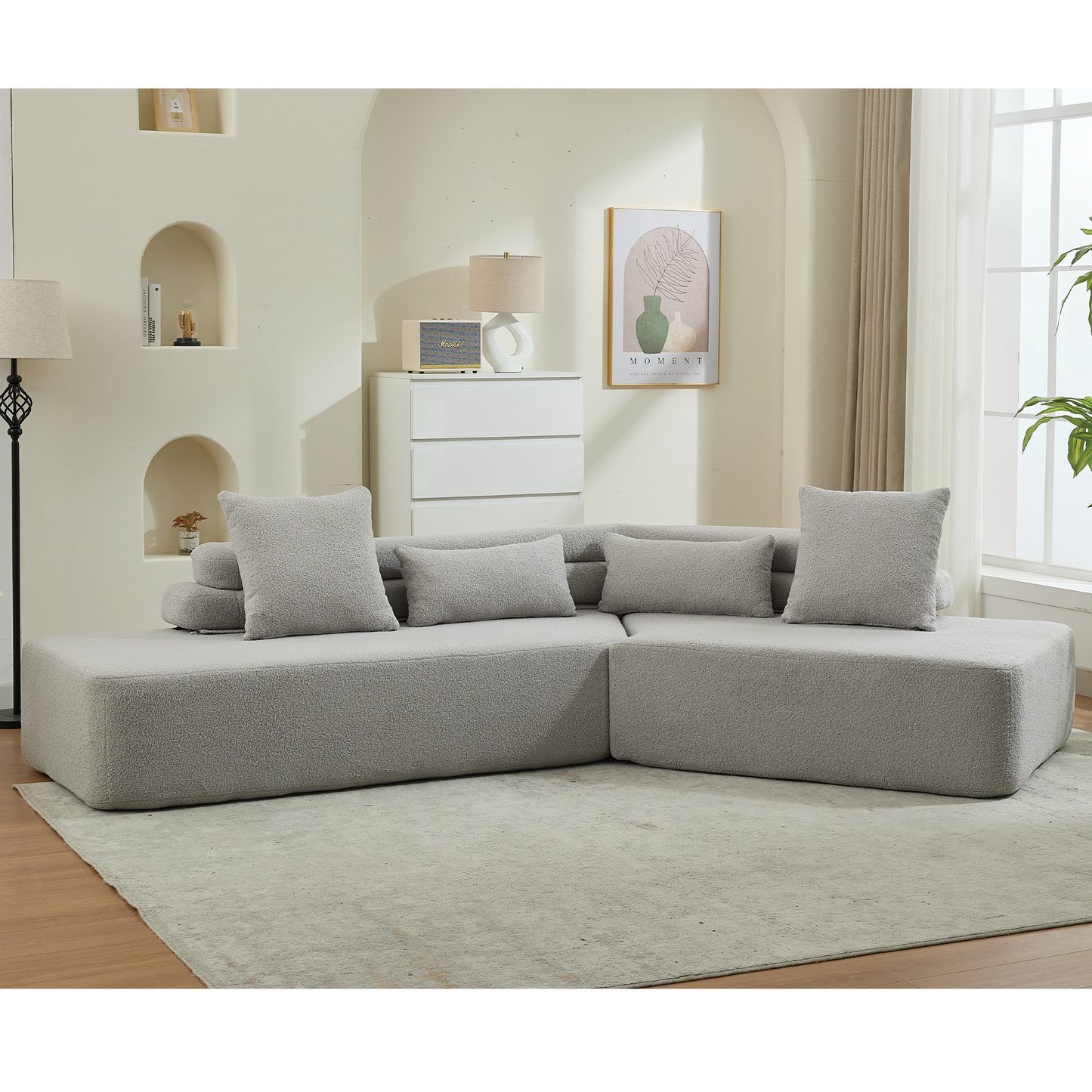 [NEW ARRIVED] [VIDEO PROVIDED] 128"Minimalist Cloud Sectional Couch ,Modern Couches ,4-Seater ,No Assembly,Two modular sofa,Boucle Teddy  Fabric, upholstered , anti-wrinkle fabric,Light Gray