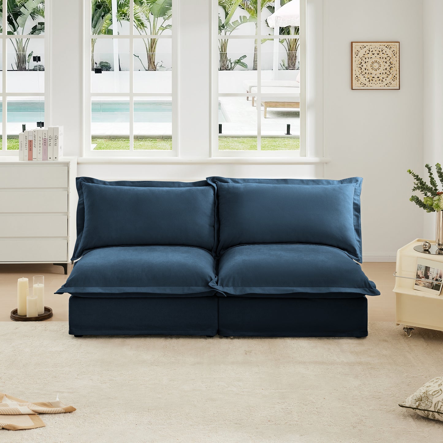 Slipcovered 2 Seater Armless Sofa,  Free Combination Convertible Slipcovered Sofa, Armless Sofa Couch for Living Room and Bedroom with Multiple Pillows, Chenille Fabric, Blue