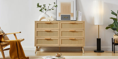 Bedroom dresser, 6 Double Dresser with rattan drawers, wood chest of drawers for kids room, living room, entry and hallway, Natural, 47.2'' W x 15.8'' D x 30'' H.