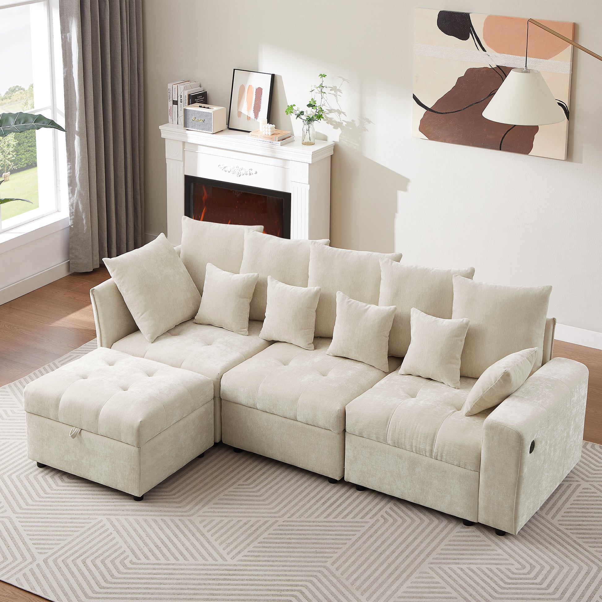 96.45"Sectional sofa Modular Sofa Couch with Three USB Ports, a Removable Storage Ottoman and Five Back Pillows for Living Room, Beige