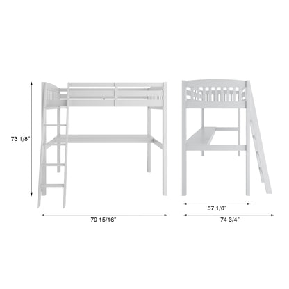 Everest White High Loft Bed with Desk and Storage, Heavy Duty Solid Wood Full Size Loft Bed Frame with Stairs for Kids and Toddlers, No Box Spring Needed