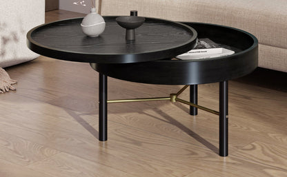 Modern Round Wood Rotating Tray Coffee Table with Storage & Metal Legs in Black