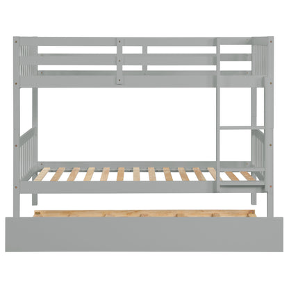 Twin Over Twin Bunk Beds with Trundle, Solid Wood Trundle Bed Frame with Safety Rail and Ladder, Kids/Teens Bedroom, Guest Room Furniture, Can Be converted into 2 Beds,Grey (Old Sku:W504S00027)